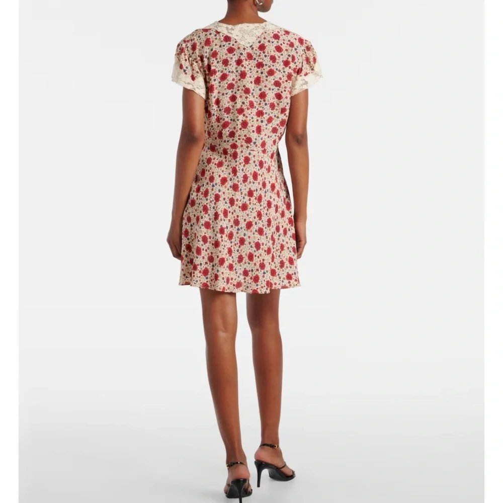 RIXO lace trimmed Floral Red and Cream miniDress NEW - Picture 3 of 15